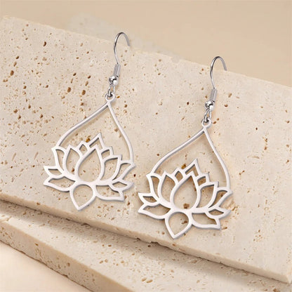 My Shape Hollow Lotus Drop Earrings for Women Stainless Steel Flower Dangle Earring Yoga Buddhism Jewelry Gifts Amulet - LEIDAI