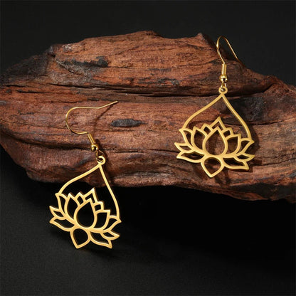 My Shape Hollow Lotus Drop Earrings for Women Stainless Steel Flower Dangle Earring Yoga Buddhism Jewelry Gifts Amulet - LEIDAI