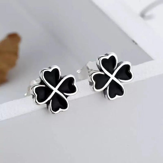 S925 sterling silver black four - leaf clover earrings, temperament and design, high - end new Japanese and Korean earrings for women - LEIDAI
