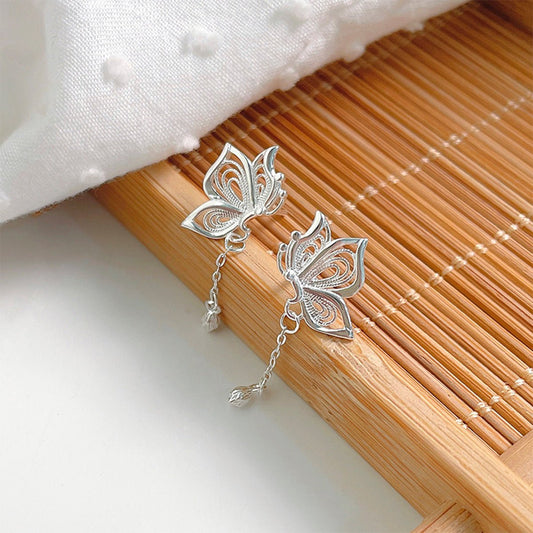 S999 pure silver sweet butterfly lotus earrings for women 2024 new design niche light luxury small fresh - LEIDAI