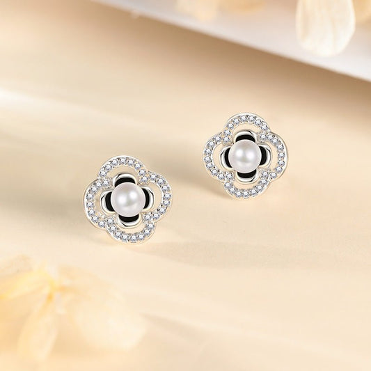 S999 sterling silver camellia pearl earrings for women French light luxury retro simple flower micro - encrusted zircon earrings s999 - LEIDAI