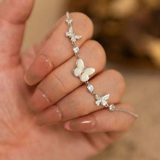 s999 sterling silver mother - of - pearl butterfly bracelet women's light luxury niche exquisite bestie jewelry - LEIDAI
